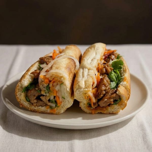 Two banh mi sandwiches, filled with meat, pickled vegetables, and cilantro, on a white plate.