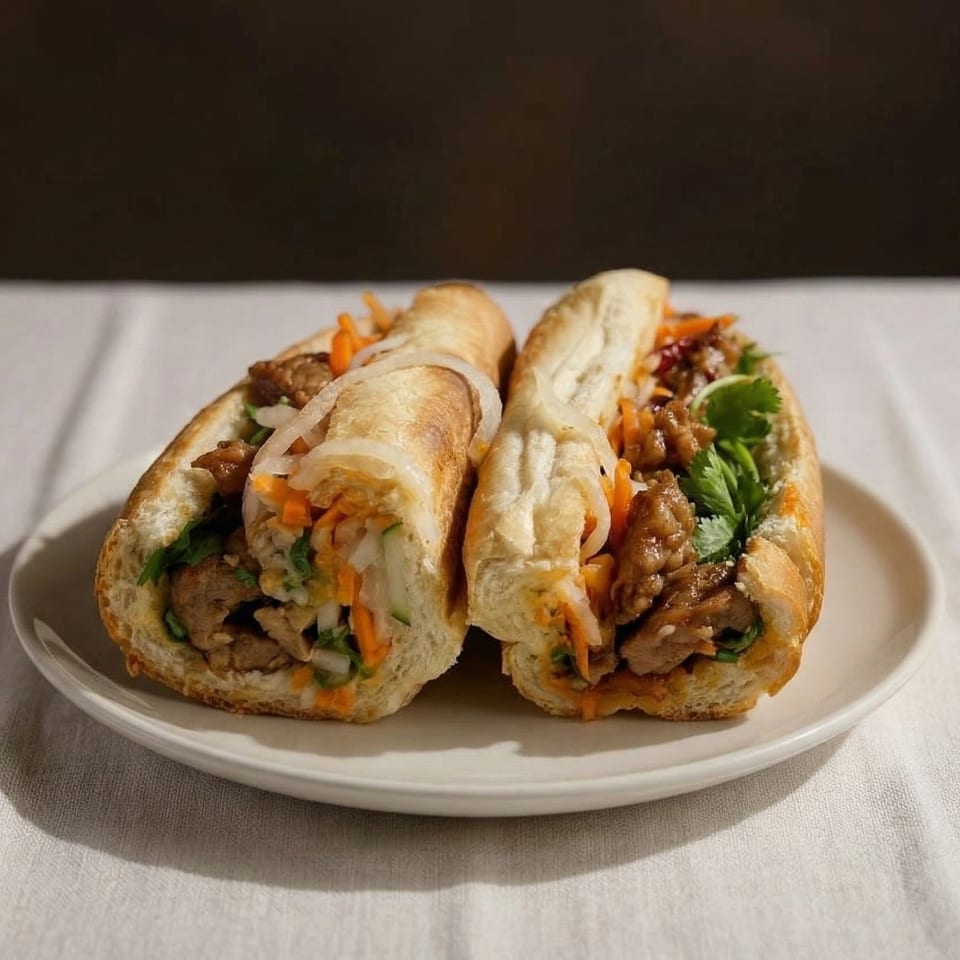 Two banh mi sandwiches, filled with meat, pickled vegetables, and cilantro, on a white plate.