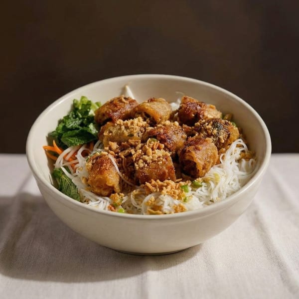 Vermicelli noodle bowl topped with crispy spring rolls, fresh herbs, and crushed peanuts.