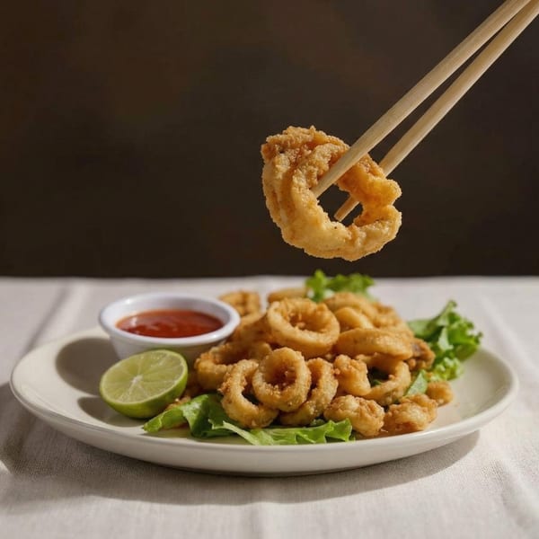 Chopsticks holding a fried calamari ring above a plate of calamari, lime, and sauce.