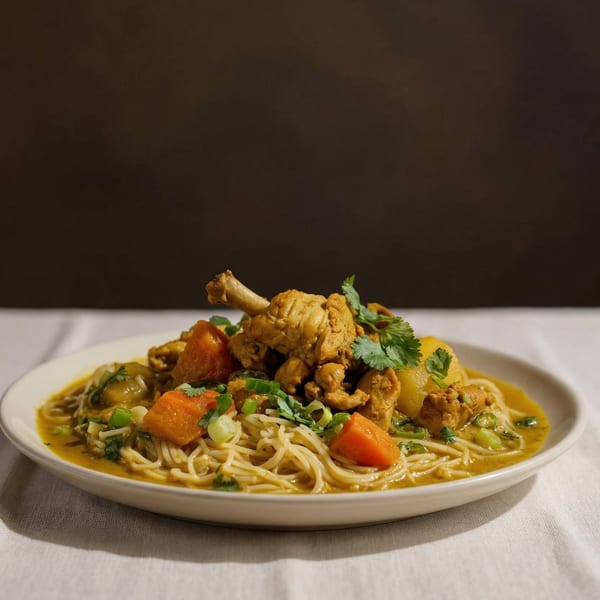 A bowl of chicken noodle soup with carrots, potatoes, and green onions on a white tablecloth.