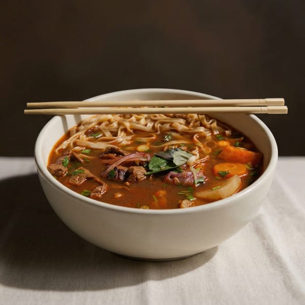 A bowl of Vietnamese beef noodle soup (Bò Kho) with chopsticks on a white tablecloth.