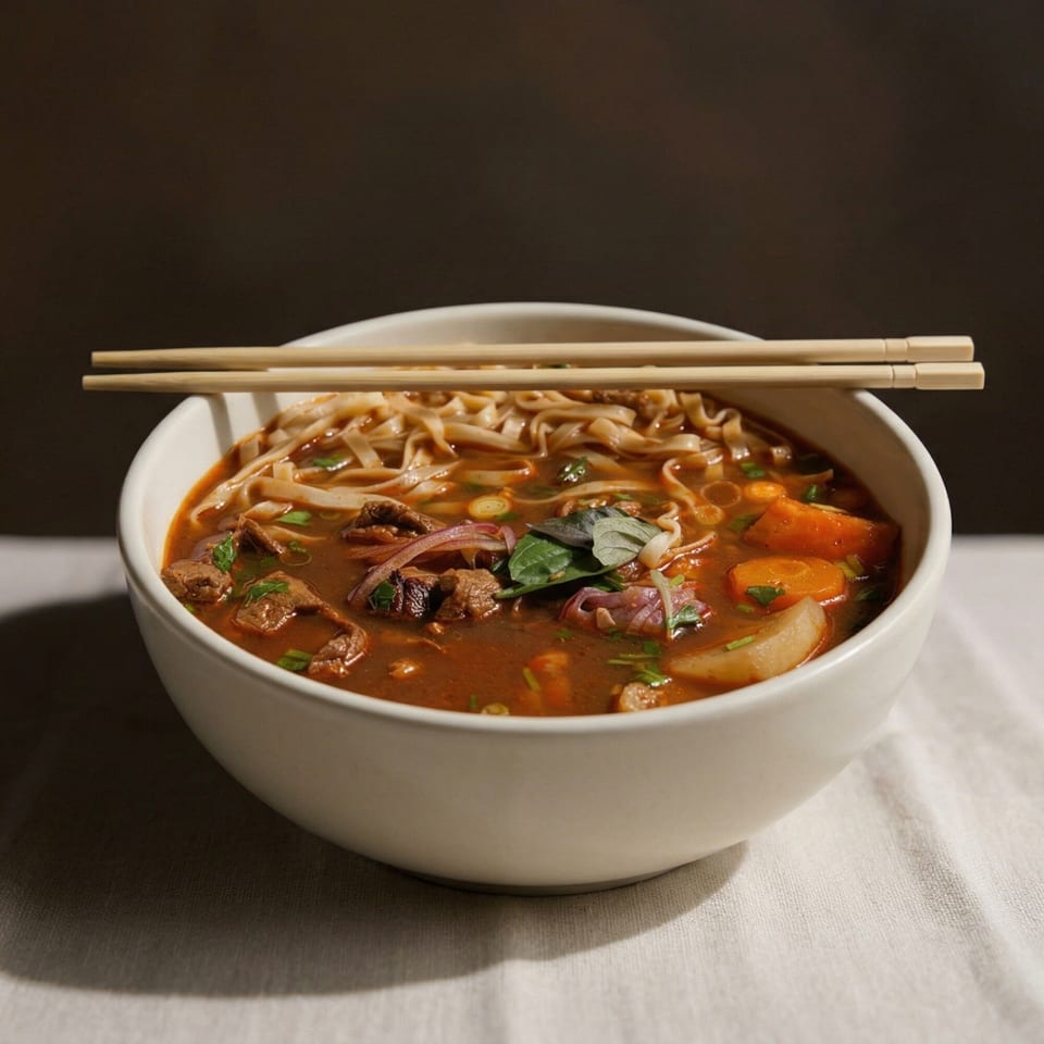 A bowl of Vietnamese beef noodle soup (Bò Kho) with chopsticks on a white tablecloth.