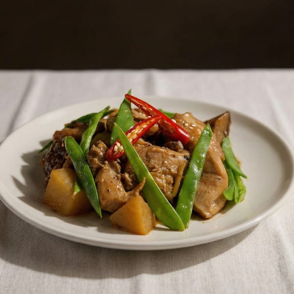 Braised chicken and daikon with snow peas and red chili on a white plate.