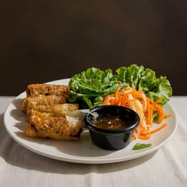 Crispy fried spring rolls, fresh lettuce, pickled carrots, and dipping sauce on a white plate.