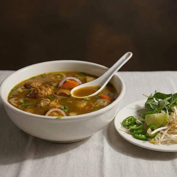 A bowl of Vietnamese chicken curry with a spoon, served with a side of fresh herbs.