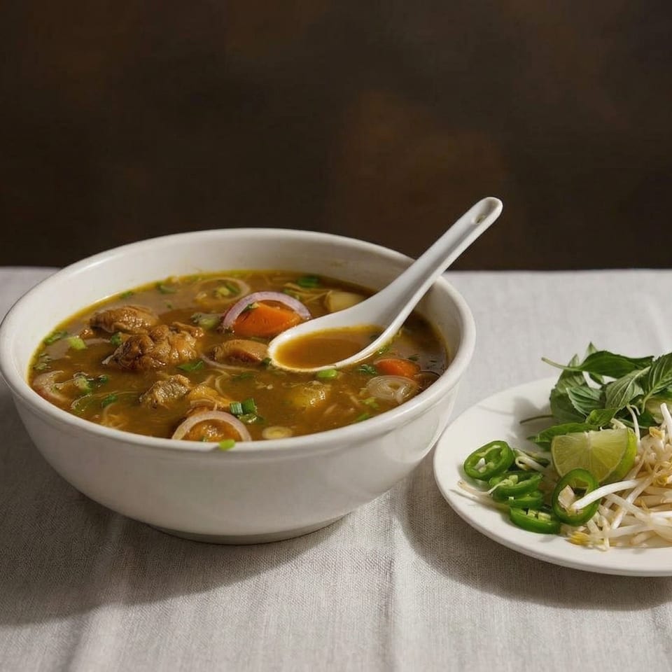 A bowl of Vietnamese chicken curry with a spoon, served with a side of fresh herbs.