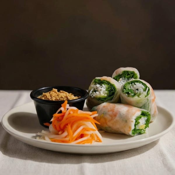 Four fresh spring rolls with shrimp, lettuce, and rice noodles, served with peanut sauce and pickled vegetables.