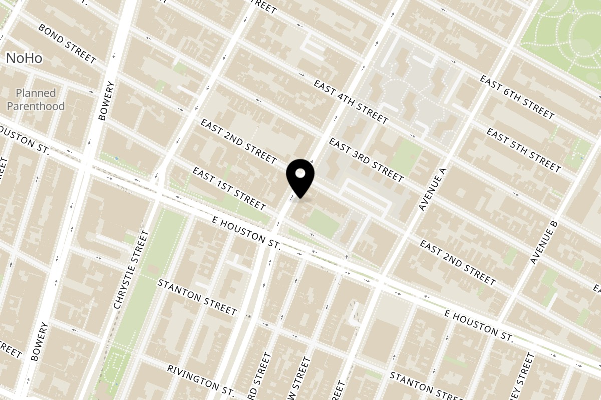Map showing the location of V-Nam Cafe on 20 1st Ave in New York